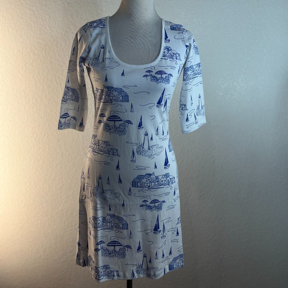 NANTUCKET KIDS WOMEN WHITE BLUE BEACH PRINT SHEATH DRESS SZ XS